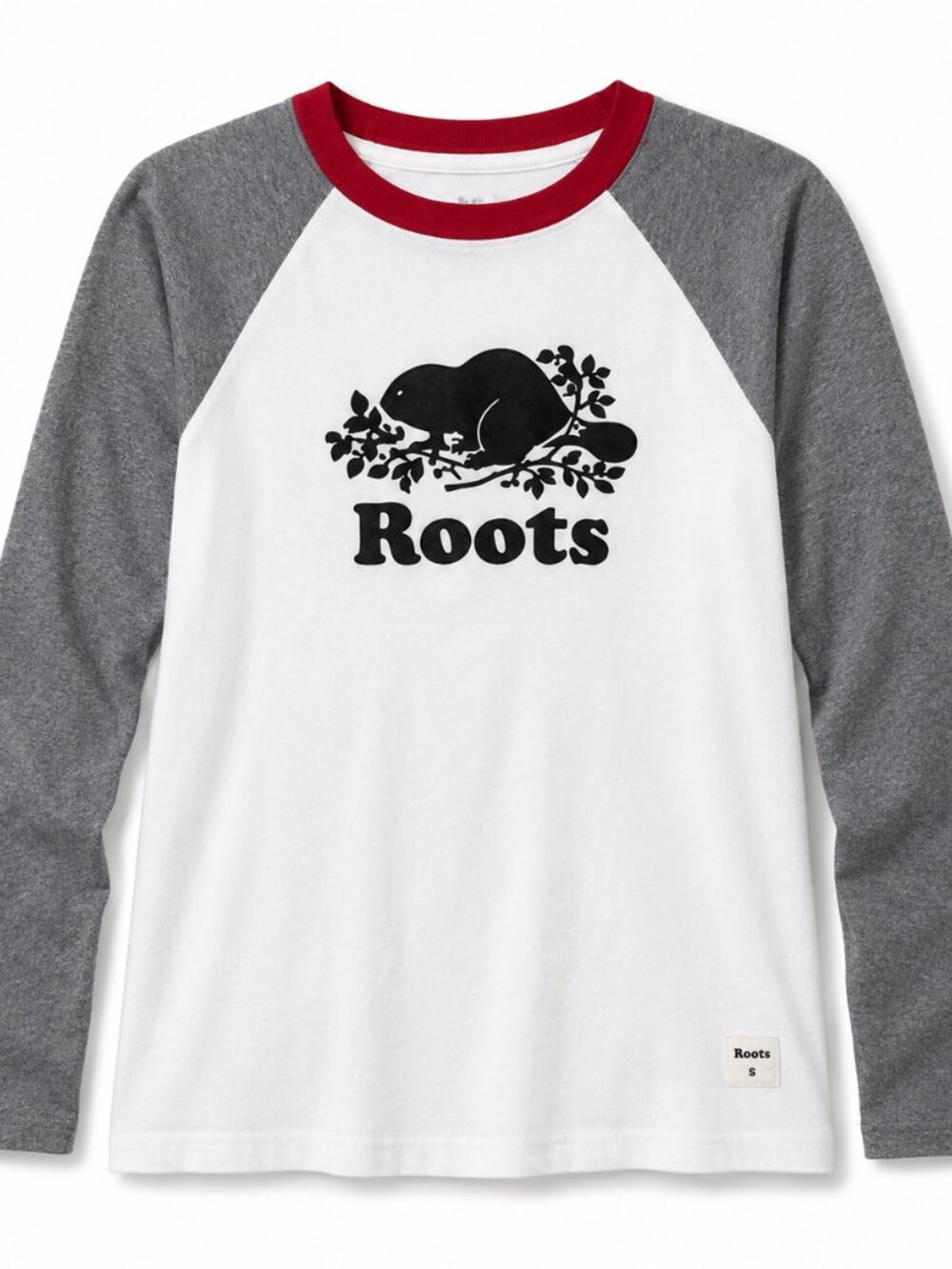 Roots Beaver Logo Raglan Long Sleeve Baseball Tee Women's Small White Gray